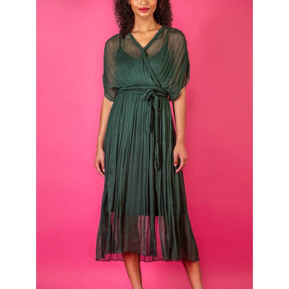 NEW JESSIE LIU crinkle silk dress with braided detail in deep green